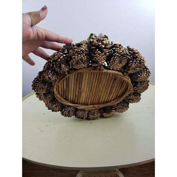 Homemade Gold Pine cone real wood twig bottom basket. - Picture 7 of 11